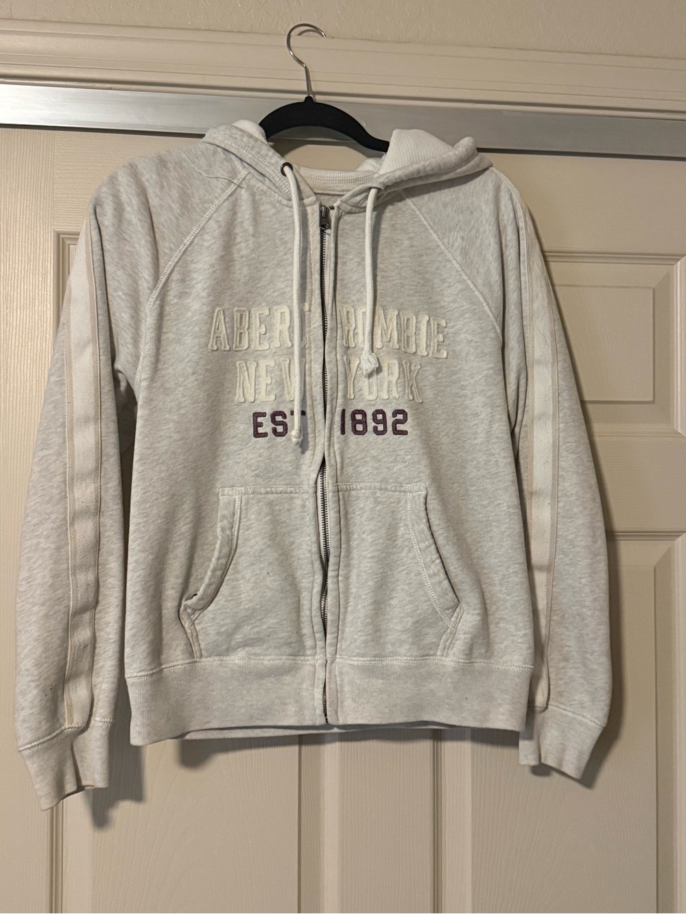 Abercrombie & Fitch Light Gray Zip-Up Hoodie with Purple Accent